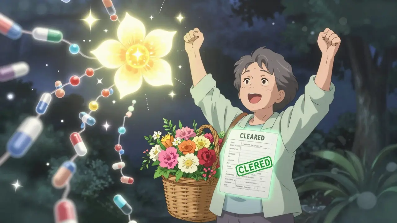 Woman celebrates after being cleared of penicillin allergy, antibiotics transforming into blooming flowers.