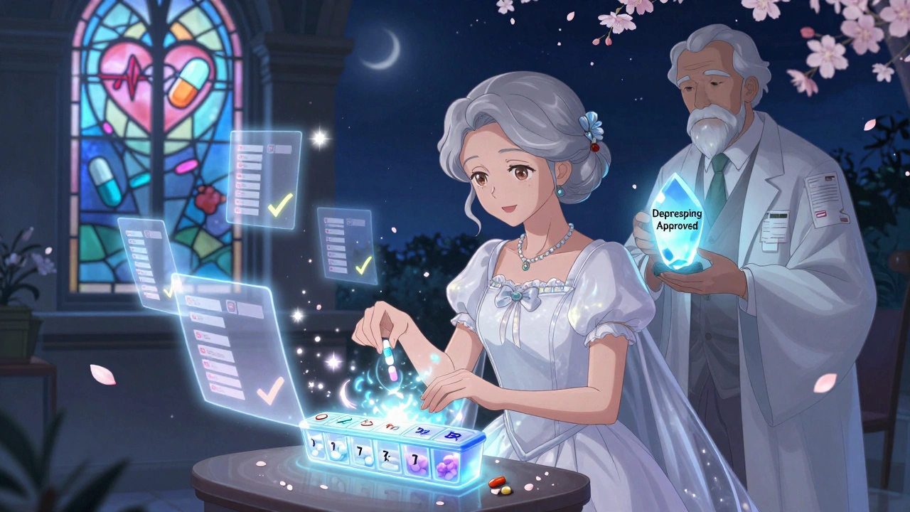 Woman placing pills into a glowing organizer under moonlight, with holographic meds and a pharmacist in a cloak nearby.