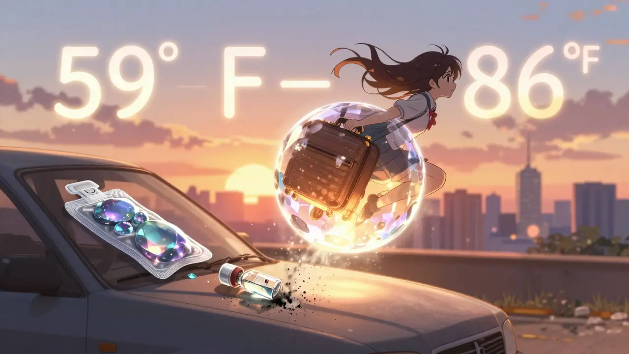A girl flies with a glowing travel case above a hot car, an insulin vial turning to ash below.