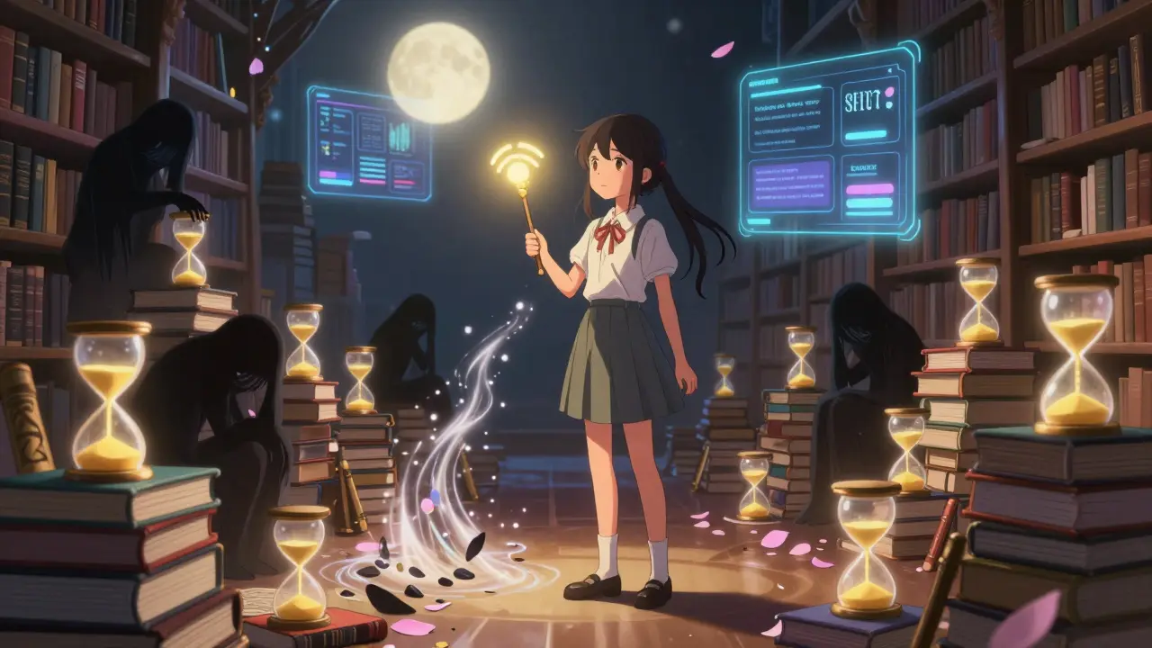 A girl uses a breath-shaped wand to turn sleep diaries into calming petals in a glowing library of rest.