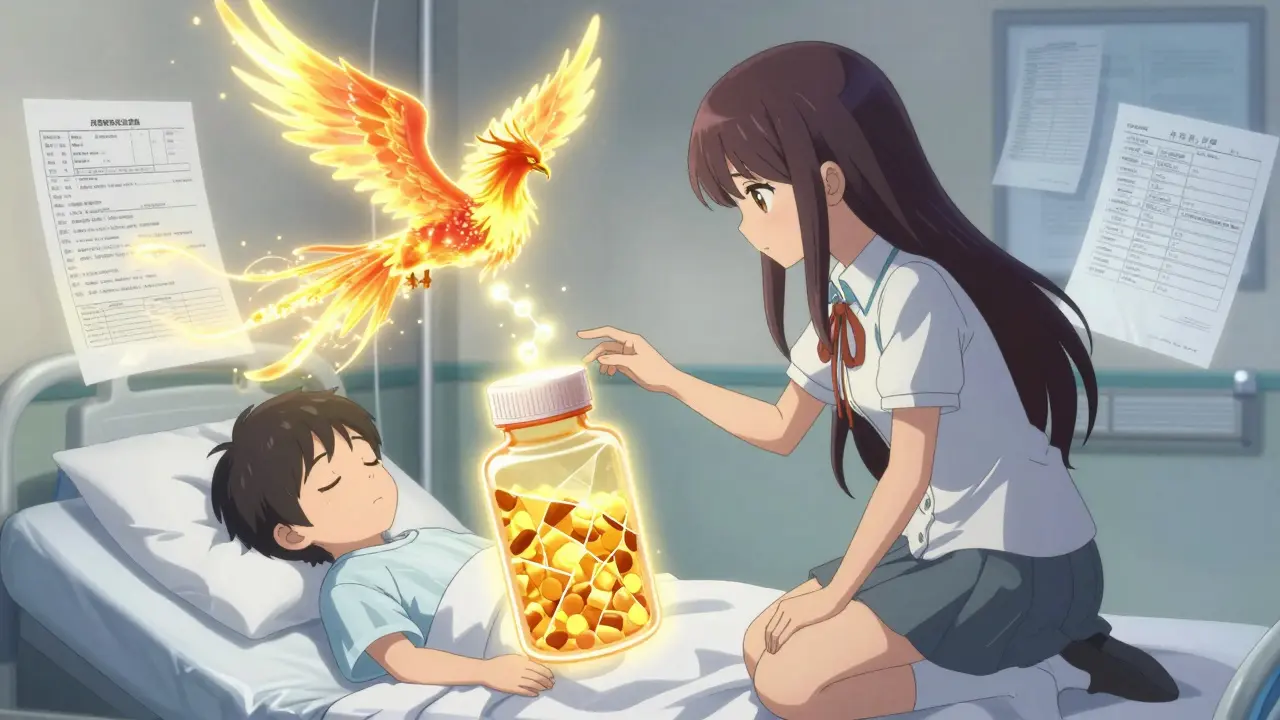 A magical girl heals a child by restoring integrity to a failing generic medicine bottle.