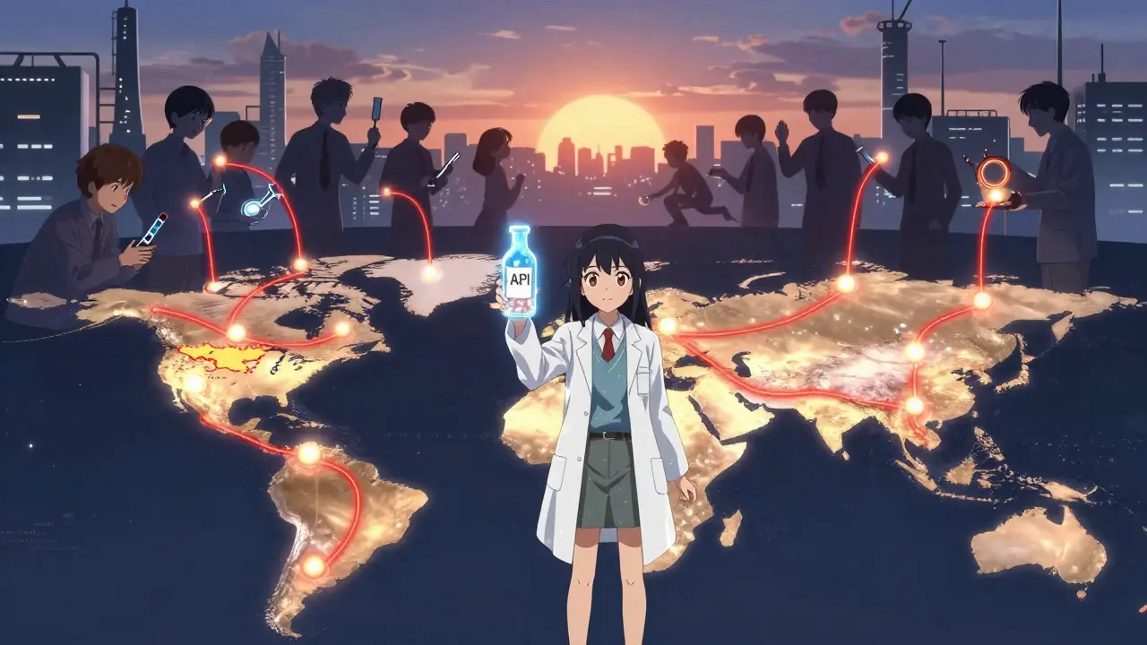 A magical girl holds a pure API vial as global drug supply chains glow with hope and renewal.
