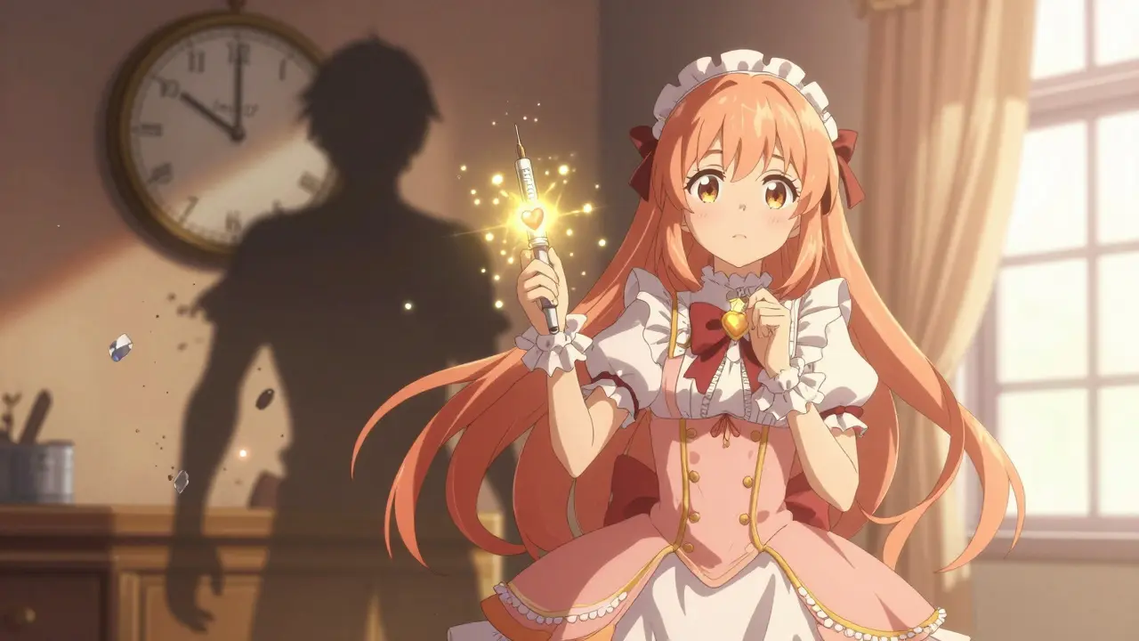 A magical girl holds a warm insulin pen as a corrupted version crumbles behind her, golden light glowing.
