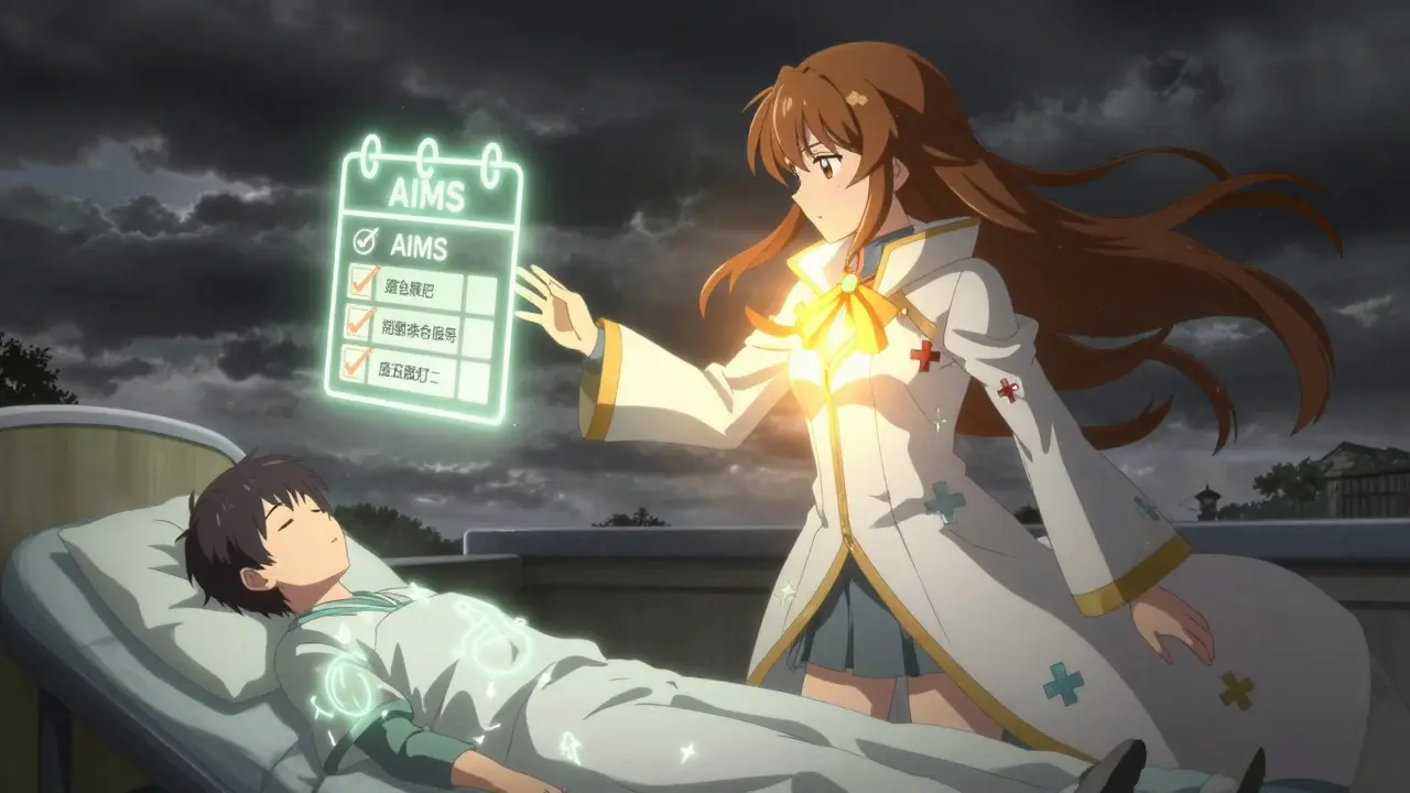 A magical girl warrior casts a protective spell over a patient with warning runes, guarding against unmonitored side effects.