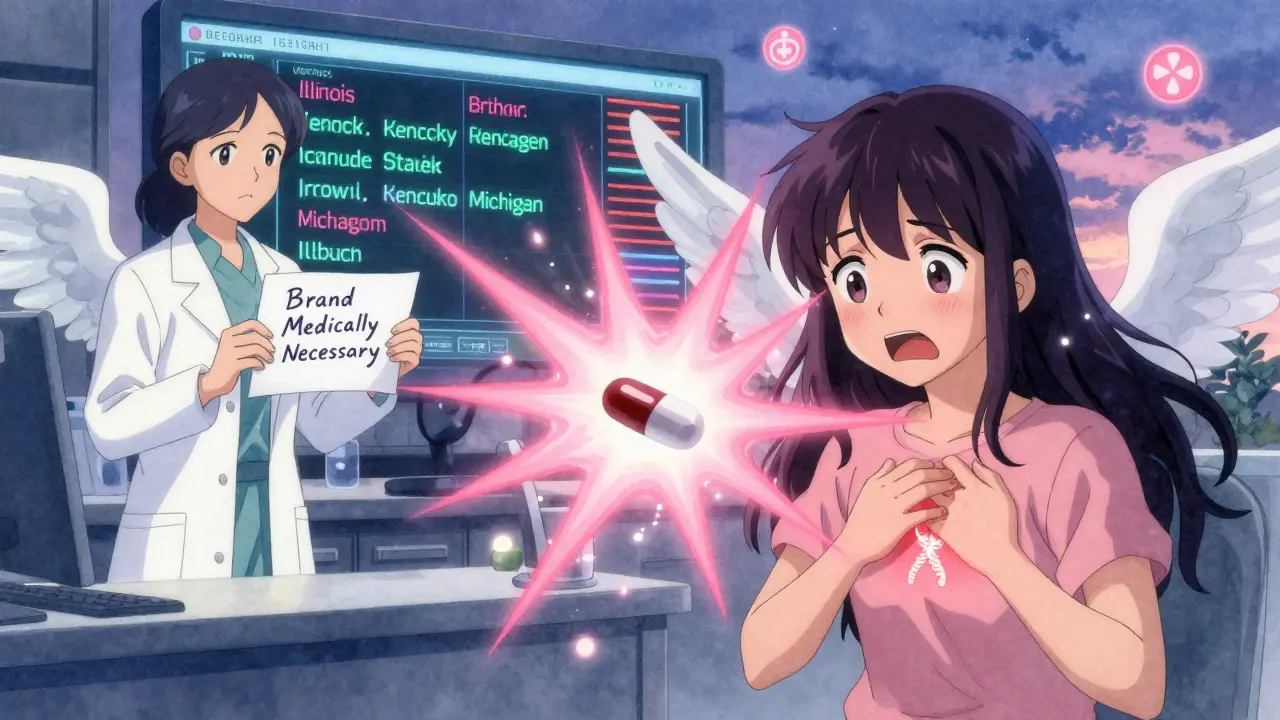 A pharmacist blocks a harmful generic pill with a handwritten override note, protecting a glowing patient.