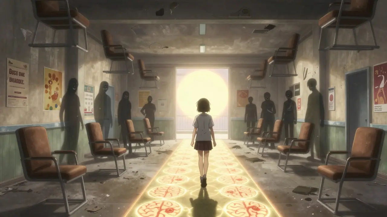 A survivor walking through an abandoned rehab center as past versions of herself fade into shadows.