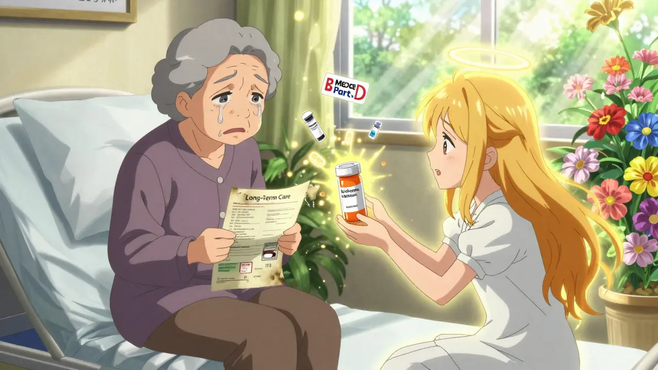 An elderly resident receives a glowing prescription from a magical girl as their old insurance document turns to ash.