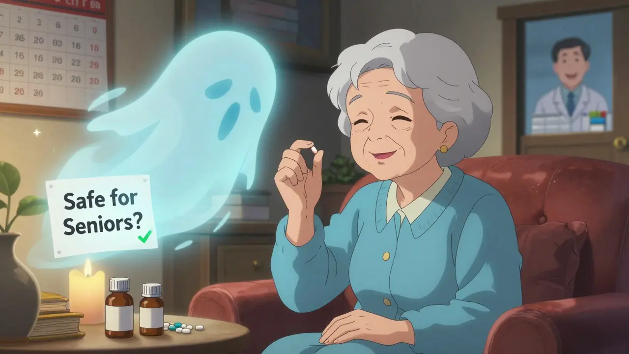 Elderly woman repelling a sleepy ghost with Zyrtec, glowing with calm blue energy in a cozy room.