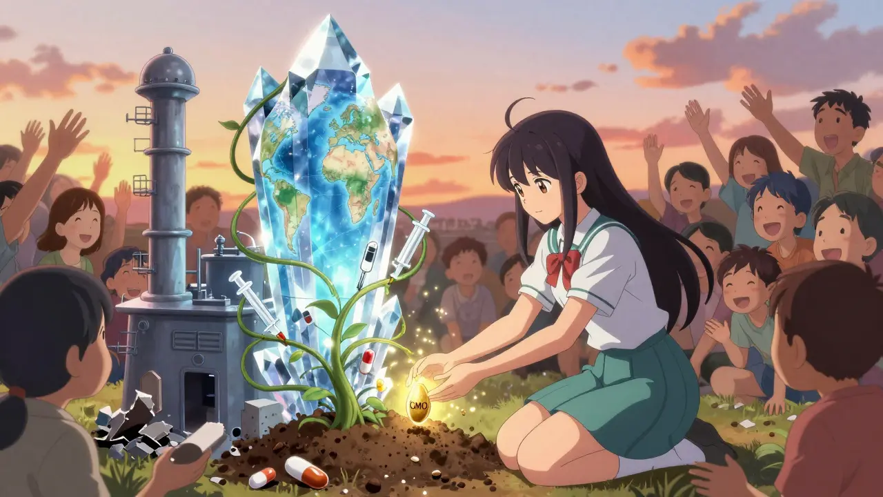 Girl planting CMO seed that grows into global manufacturing crystal tower