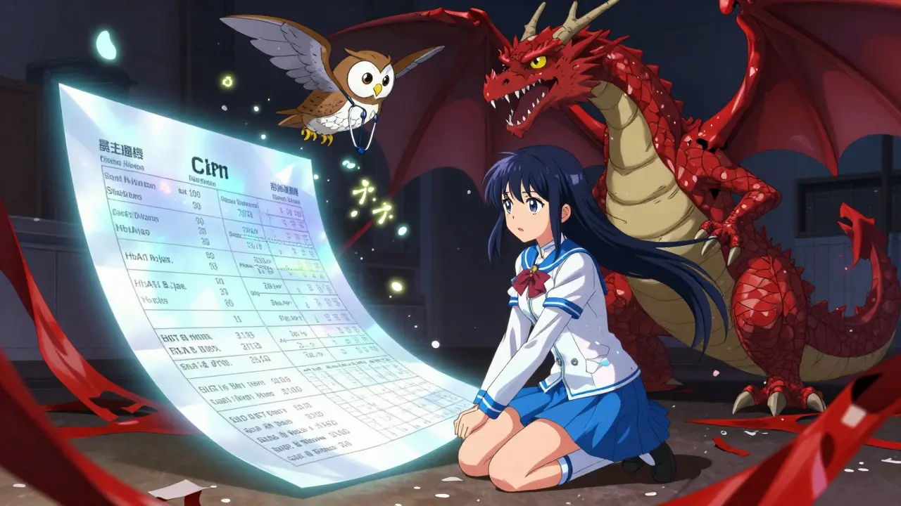 Girl summons glowing medical evidence as a paper dragon made of red tape disintegrates.