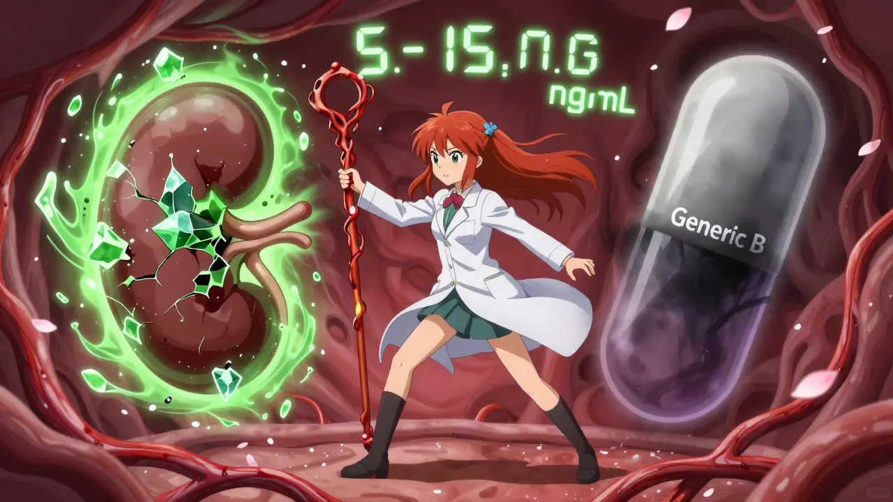 Magical girl battling distorted pill shapes inside a human body with glowing blood vessel staff.