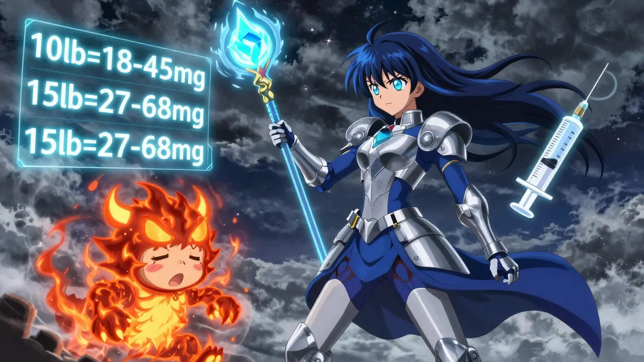 Magical girl with ibuprofen staff dissolving a fever monster, floating dosage numbers around her