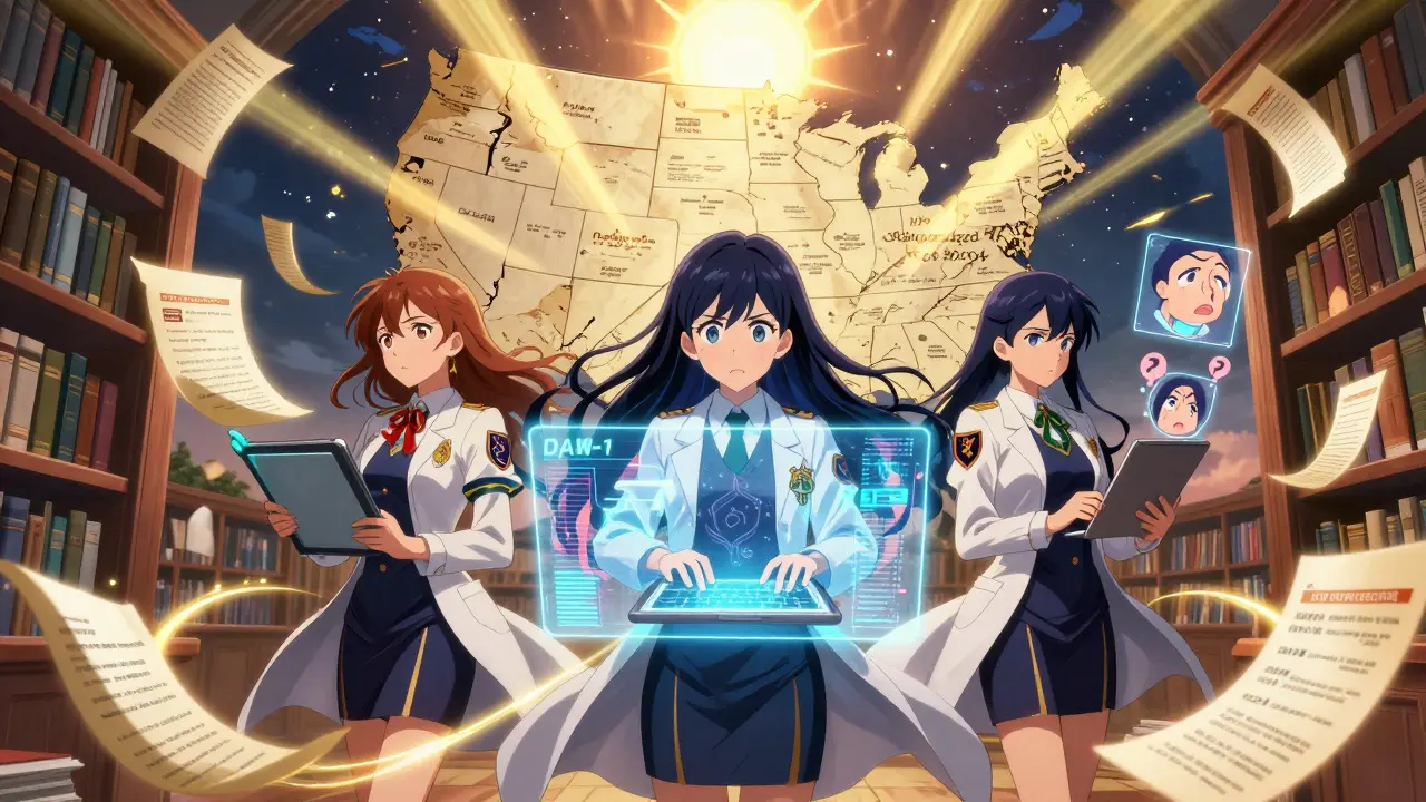 Magical pharmacists repair a crumbling map of state override rules using golden light from a rising sun.