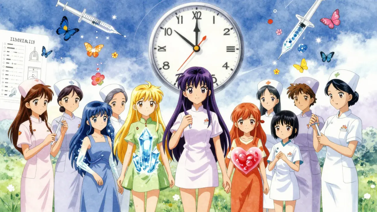 Patients as spirits are healed by nurses whose syringes turn side effects into blooming flowers under a clock marked 2026.