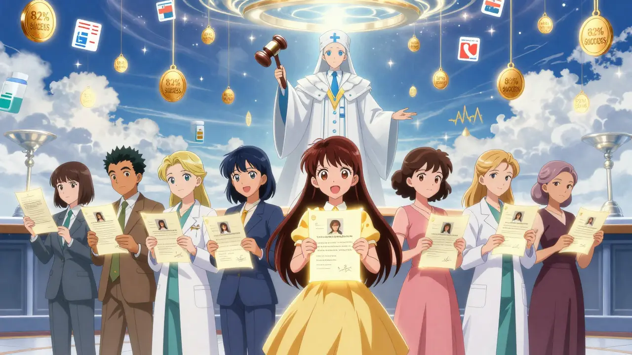 Patients stand together as their appeal stories glow in a celestial courtroom under approval seals.