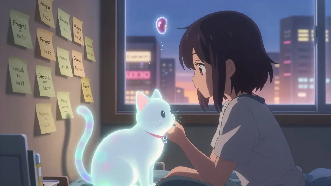Teen patient surrounded by sticky notes and a glowing cat companion, symbolizing drug stability and vigilance.