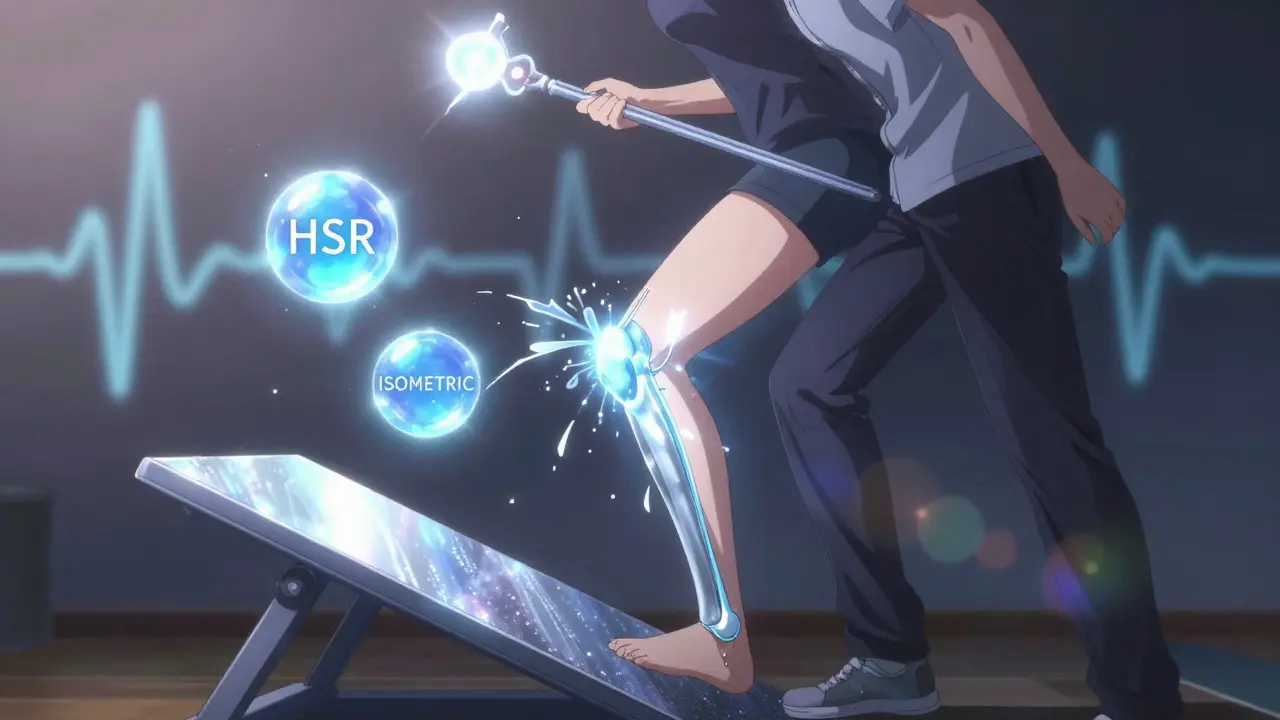 Therapist and patient doing decline squat with crystalline tendon fibers reforming in magical light.