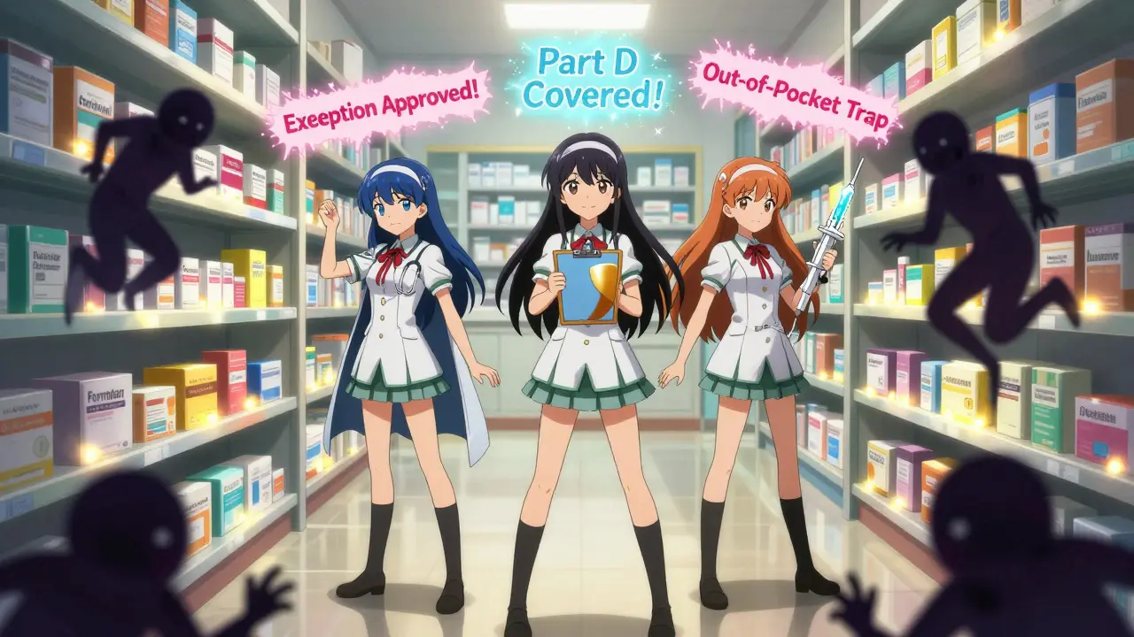 Three magical girls battle insurance barriers in a glowing pharmacy aisle, casting spells of approval with sparkling kanji.