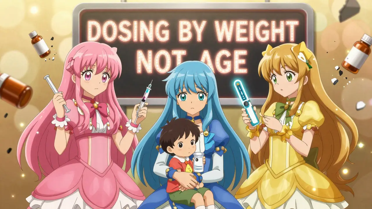 Three magical girls protecting a parent and child with dosing tools, shattered adult medicine bottles nearby
