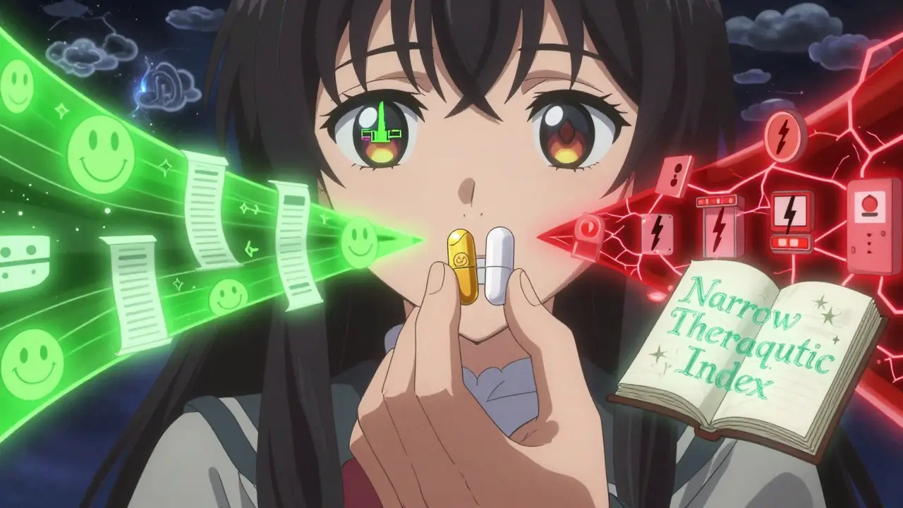 A girl compares two pills as magical paths show positive and negative outcomes, with blood level graphs floating beside her.