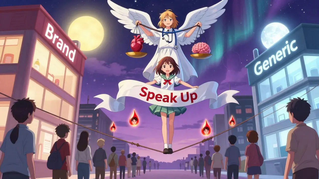 A girl walks a tightrope between brand and generic pharmacies, with a celestial guardian watching over patients below.