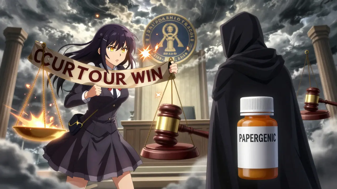 A magical girl in court facing a silent pill bottle labeled 'PAPER GENERIC,' with glowing reform energy and a fading patent clock.