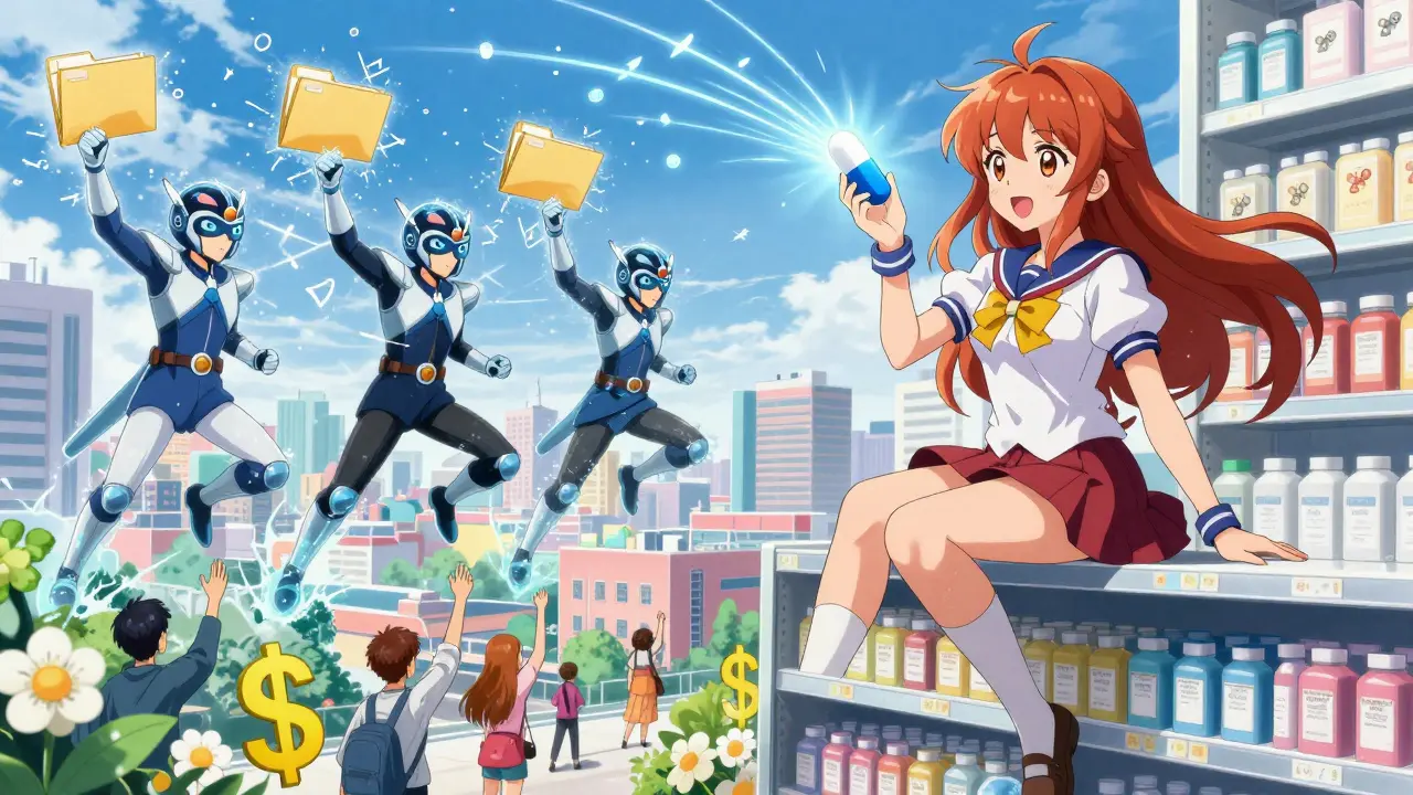 A magical girl standing on a pharmacy shelf, radiating price-reducing energy while frozen competitors are blocked behind her.