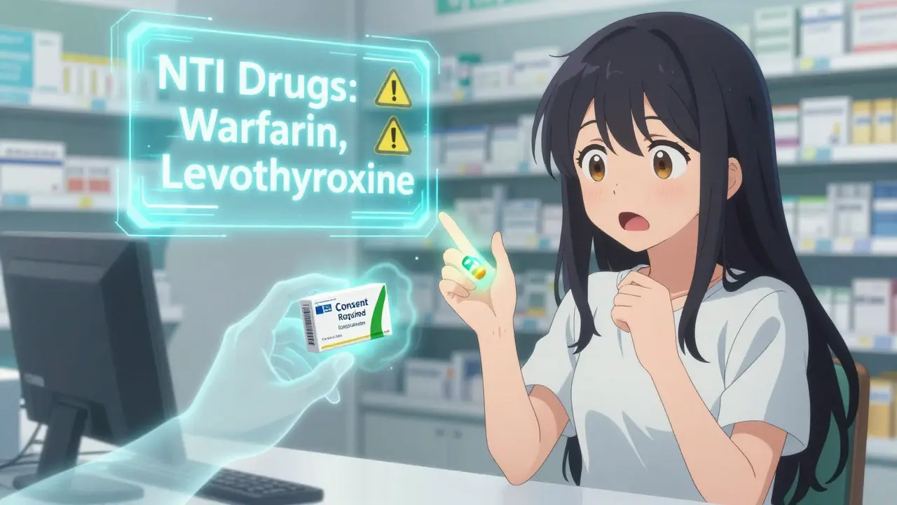 A patient faces two glowing options for medication, with warning symbols for narrow therapeutic index drugs.