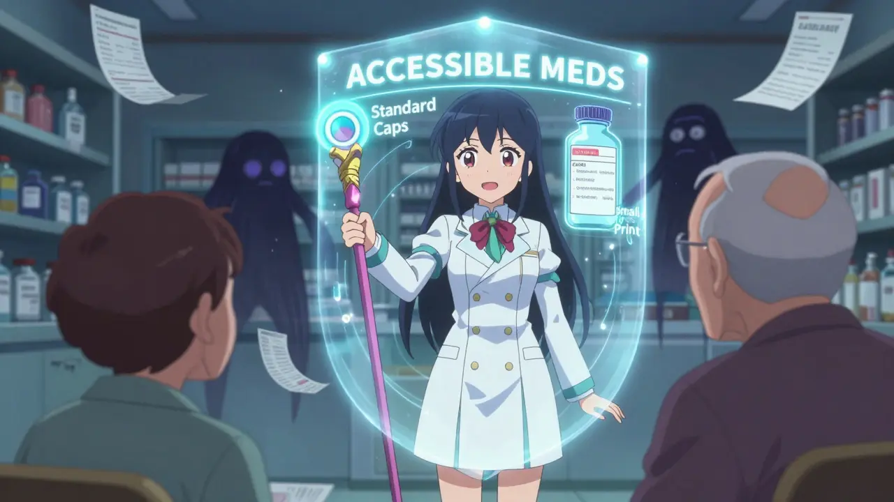 A pharmacist offering a glowing easy-open cap and large-print label to an elderly customer, with protective holographic shield in background.
