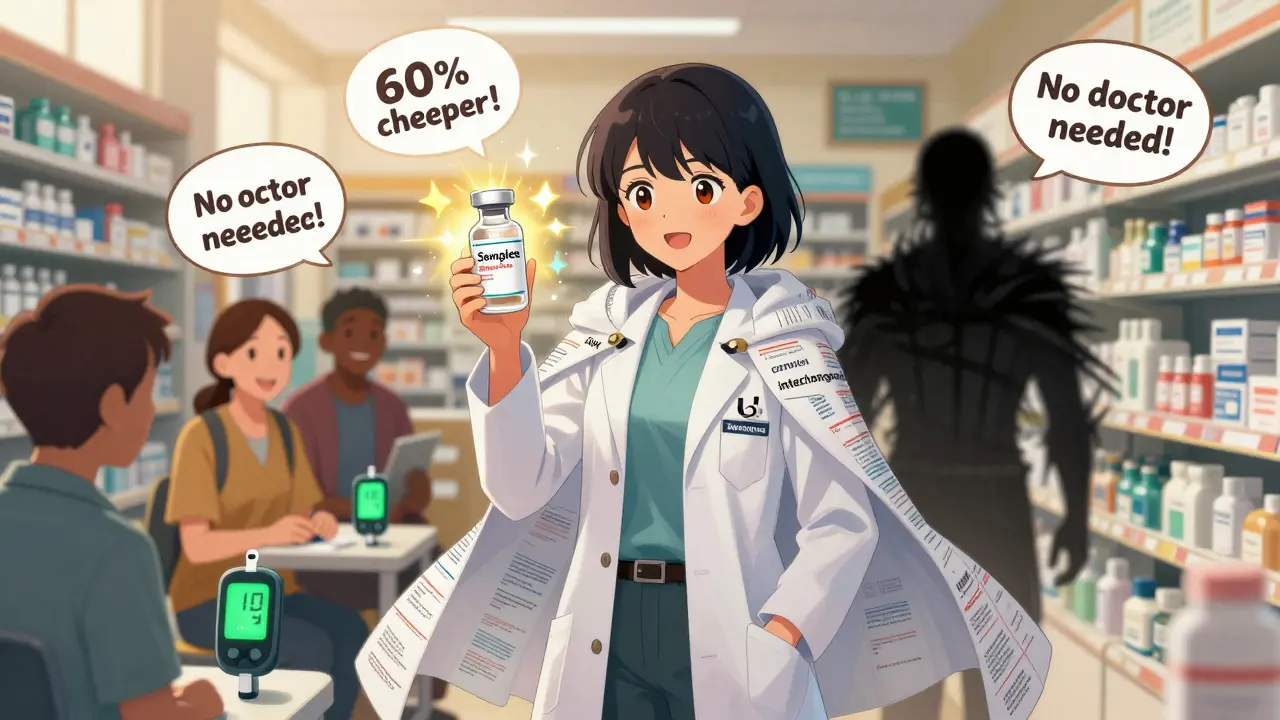 A pharmacist with a prescription-cape empowers patients in a U.S. pharmacy as biosimilar insulin sparkles with interchangeability.