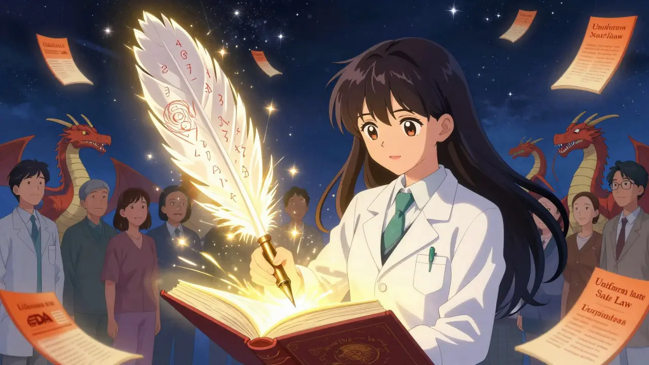 A pharmacist writes a unifying law spell as biosimilars transform safely, surrounded by floating state symbols.