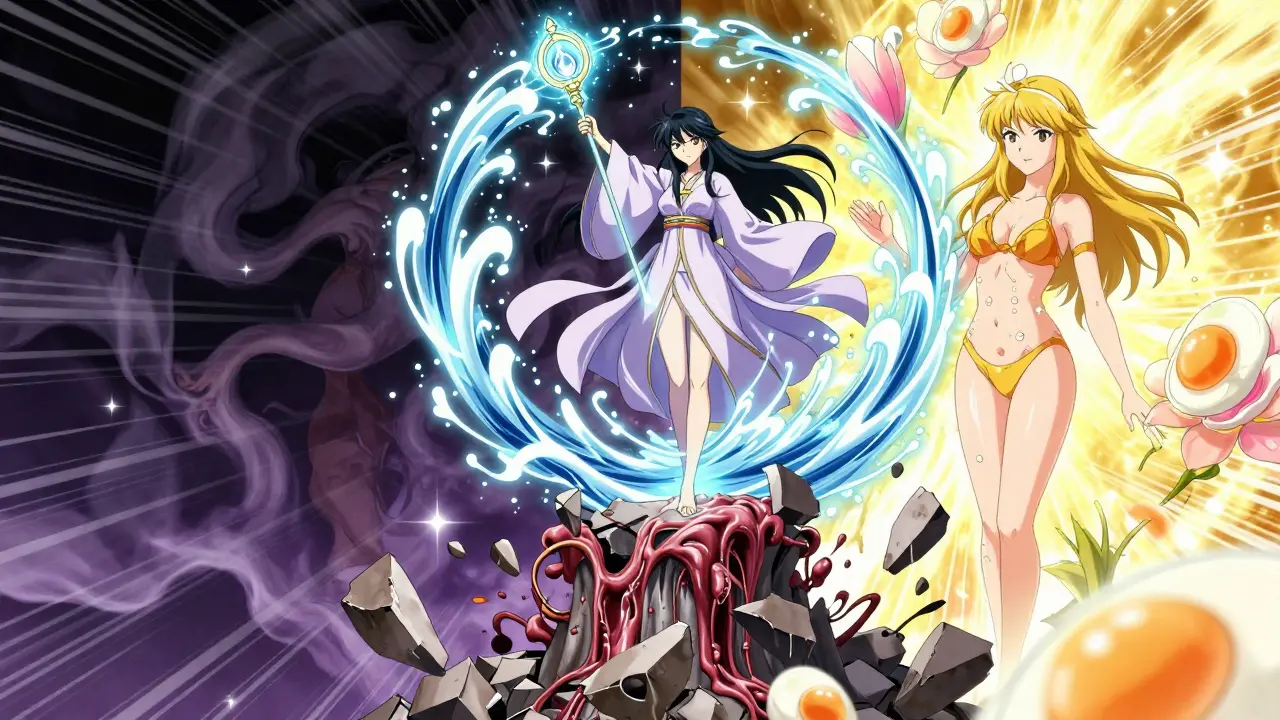 A woman wielding a staff that dissolves visceral fat into light, with blooming flowers symbolizing hormonal recovery.