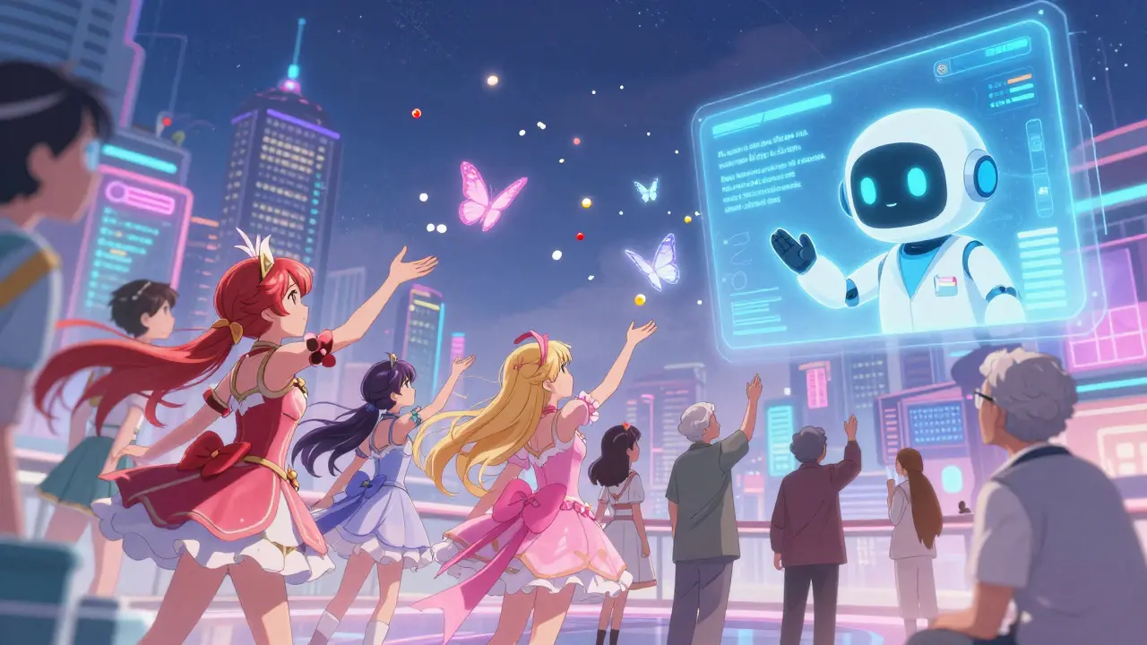 Diverse users catching medication pills that turn into butterflies in a magical pharmacy portal.