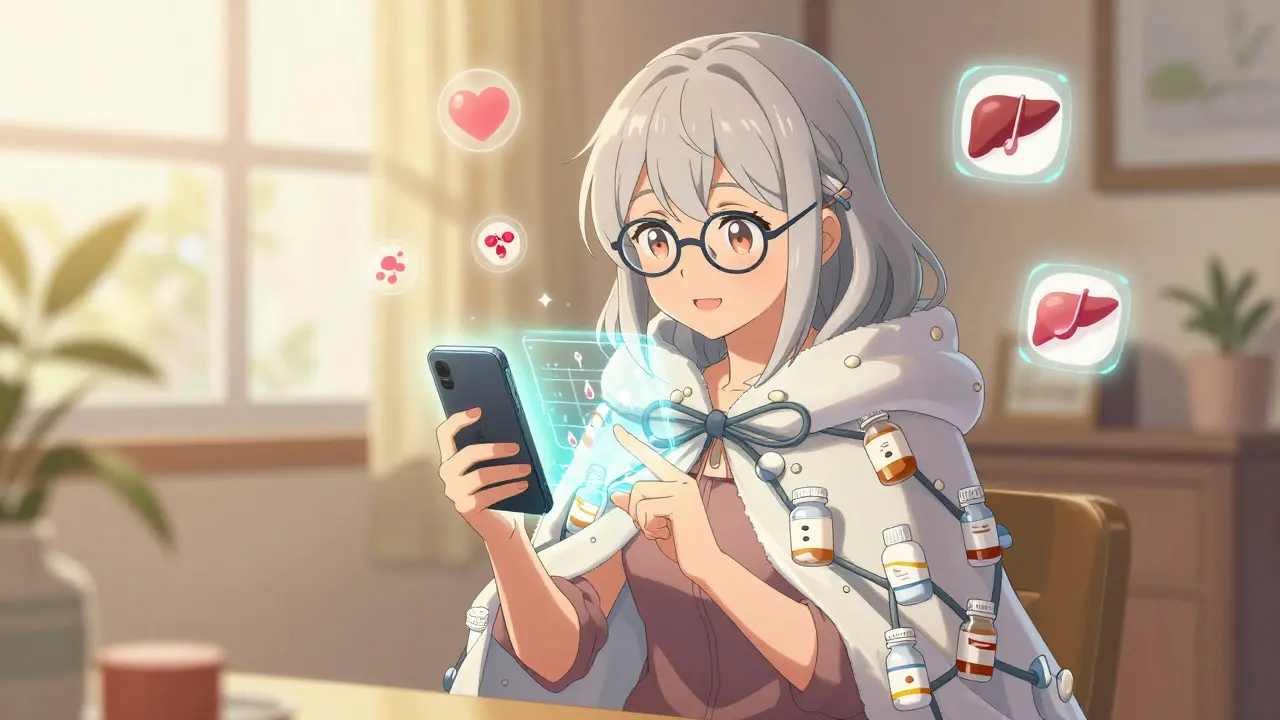 Elderly woman transformed into a guardian with pill-bottle cloak and holographic meds.