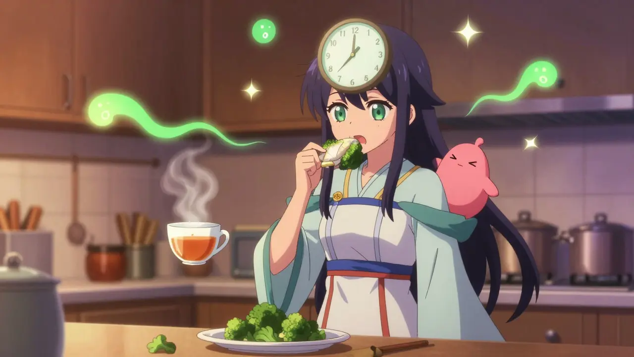 Girl eating slowly with fading nausea waves and floating ginger tea nearby.