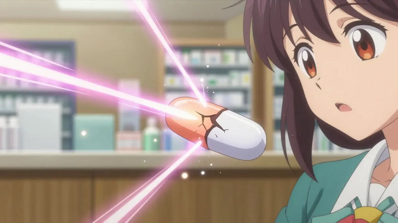 Glowing pill with magical barrier preventing crushing, energy streams showing controlled release.