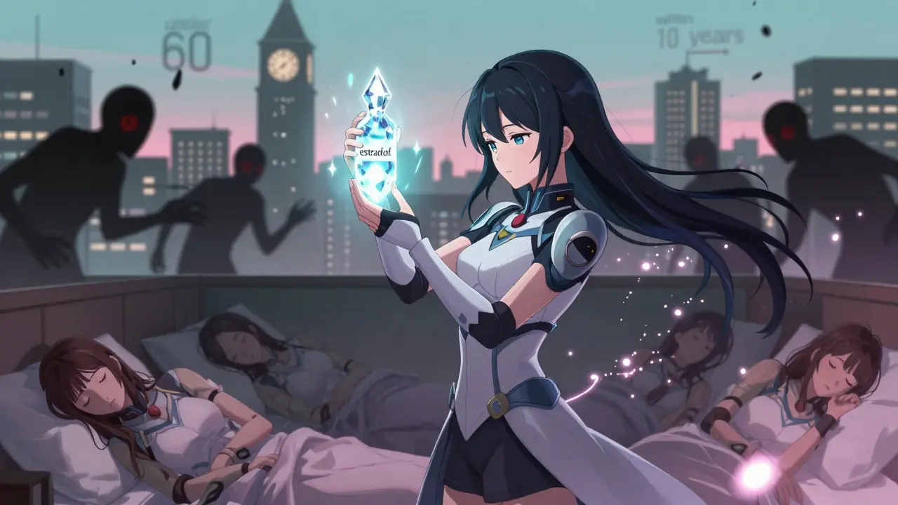 Magical girl casting protective light over sleeping women, repelling blood clot shadows