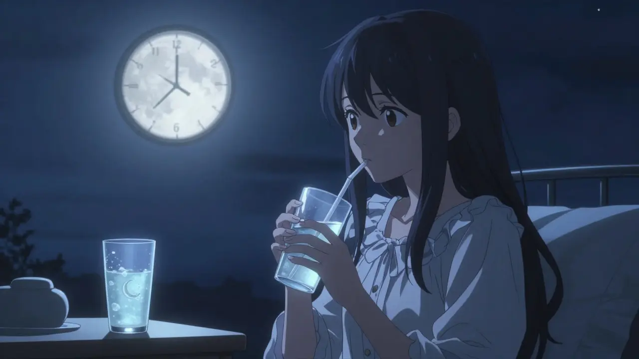 Magical girl drinking prep solution at night with moonlit window