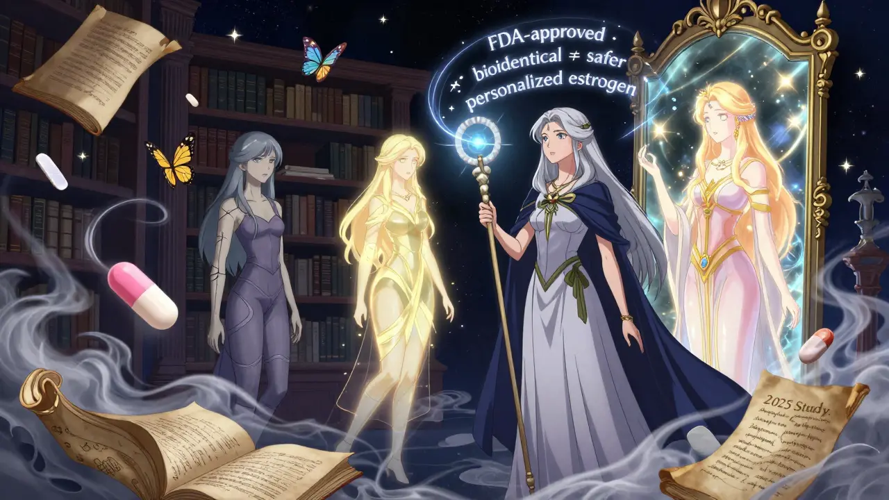 Mystical library with hormone forms as butterflies, three versions of a woman reflected