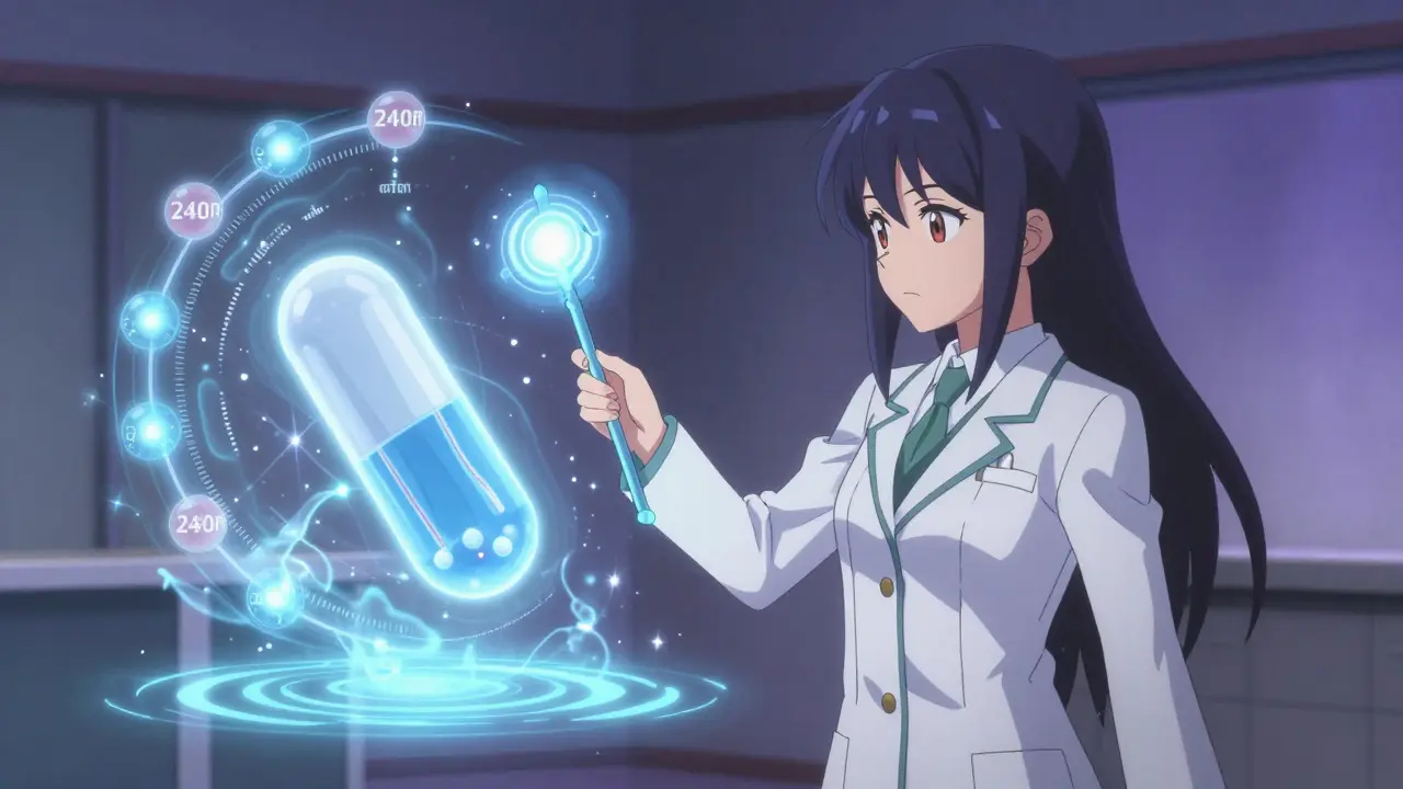 Pharmacist projecting hologram of pill's drug release mechanism using a glowing staff.