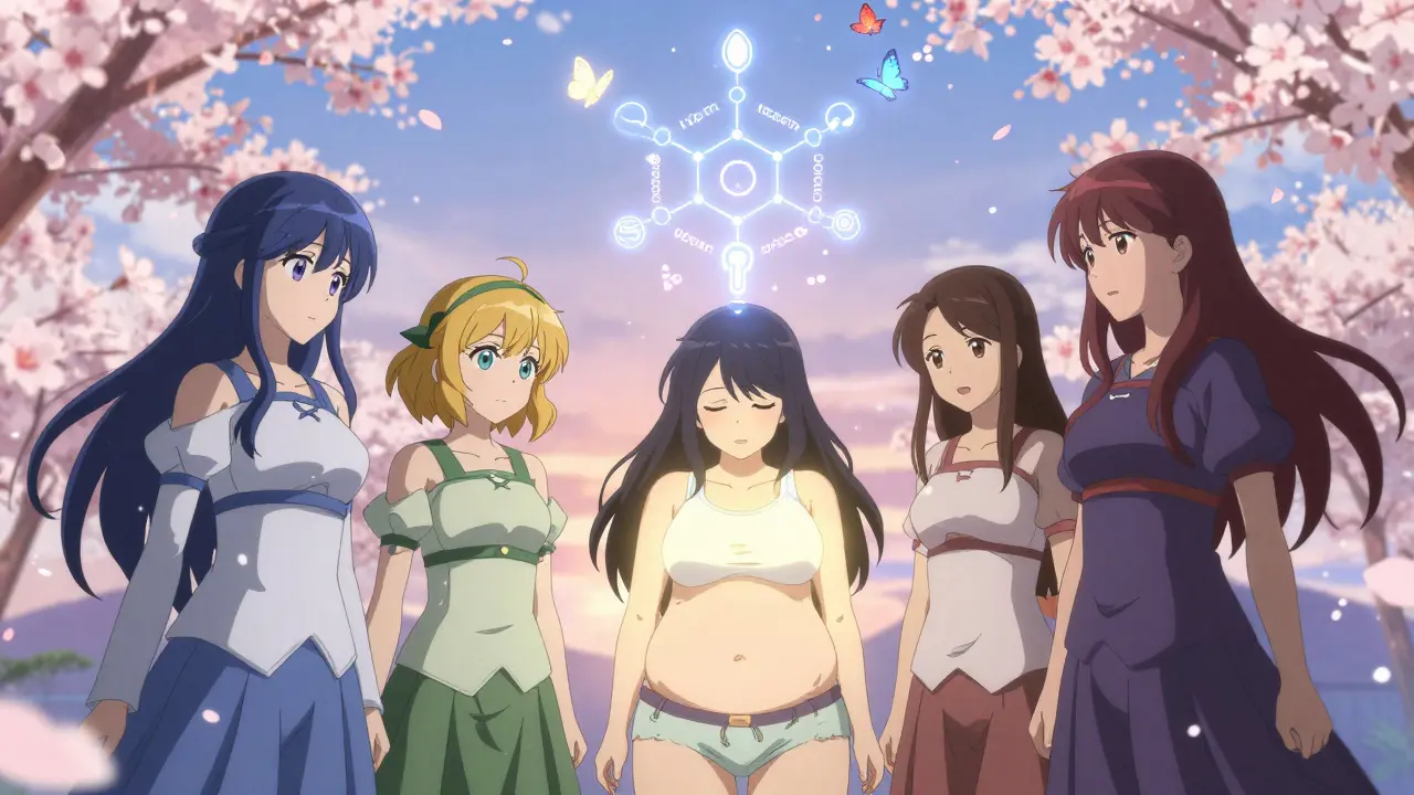 Three magical allies cast a healing spell over a woman, restoring balance to her body with glowing symbols and butterflies.