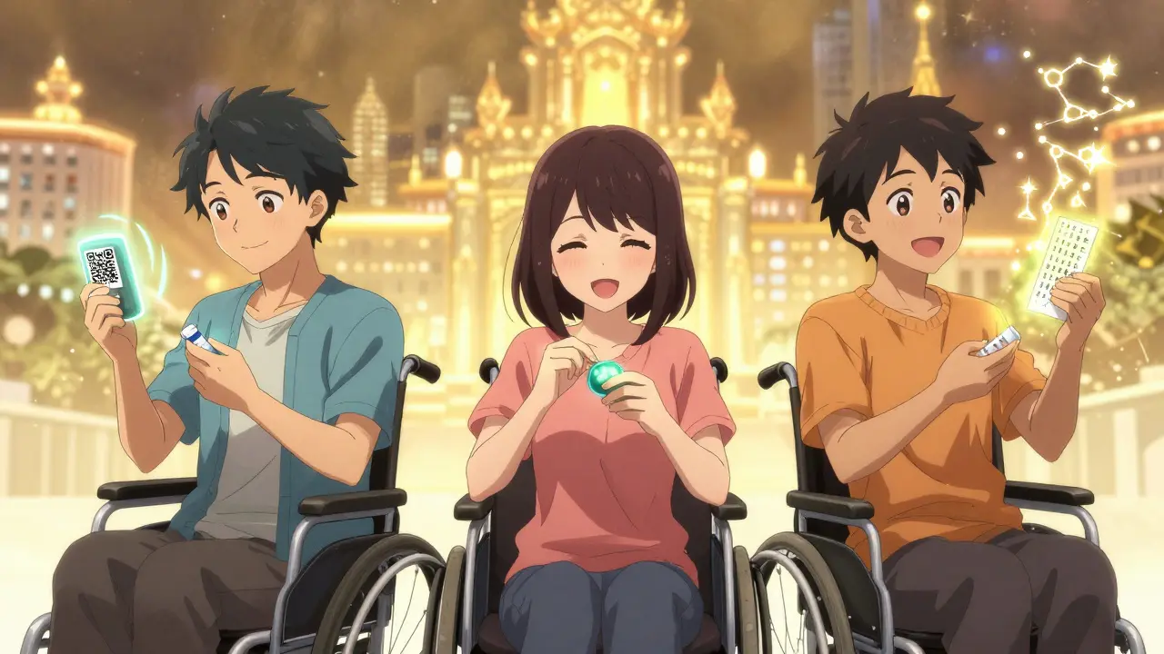 Three seniors successfully opening medication with glowing accessible features—sliding cap, Braille, and voice QR code—bathed in golden light.