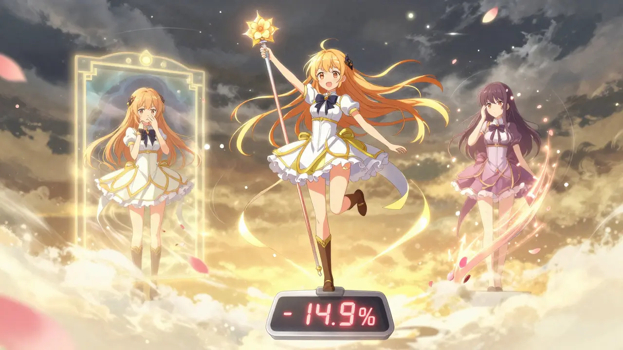 Triumphant girl on a floating scale with energy ribbons of health and transformed past self.