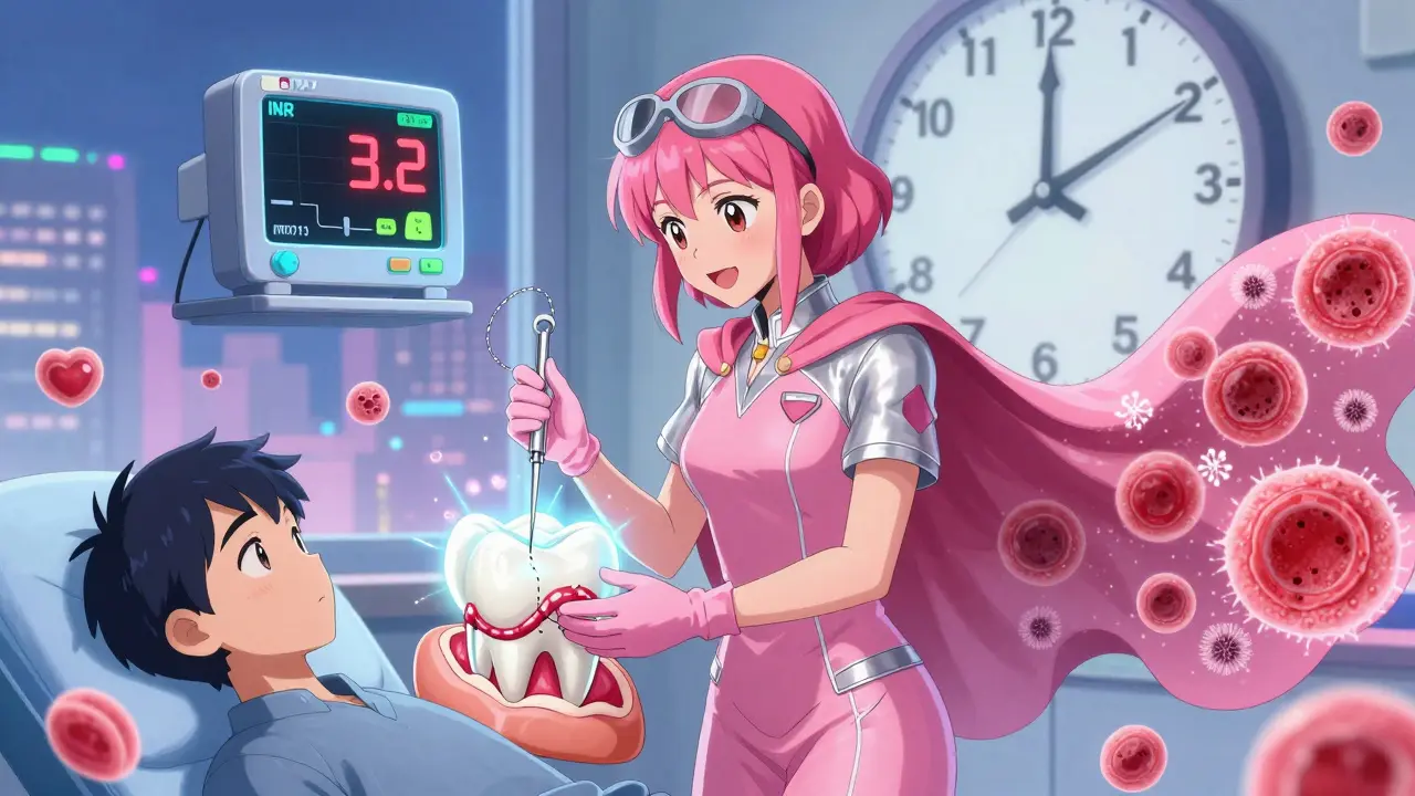 A dental superheroine uses a shimmering suture needle to heal a tooth socket while an INR monitor shows a safe level.