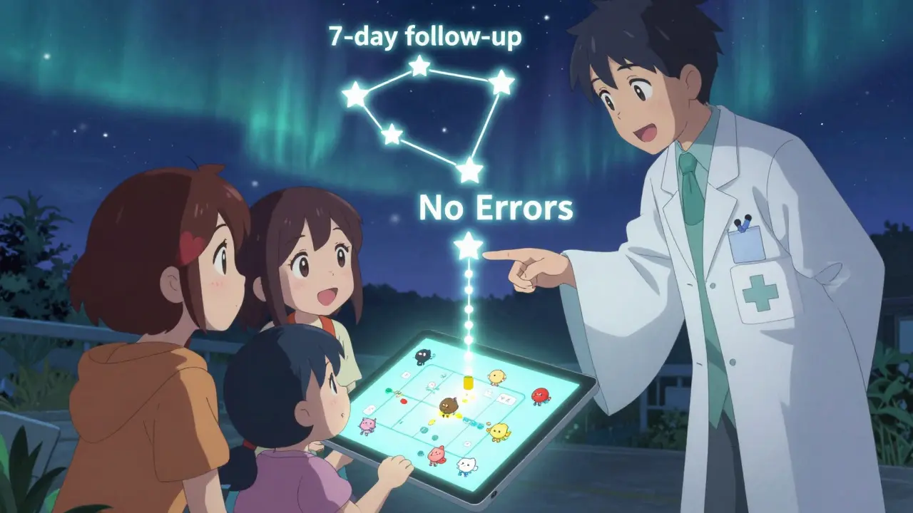 A family views a glowing medication map with animated pill characters guided by a pharmacist in a magical cloak.