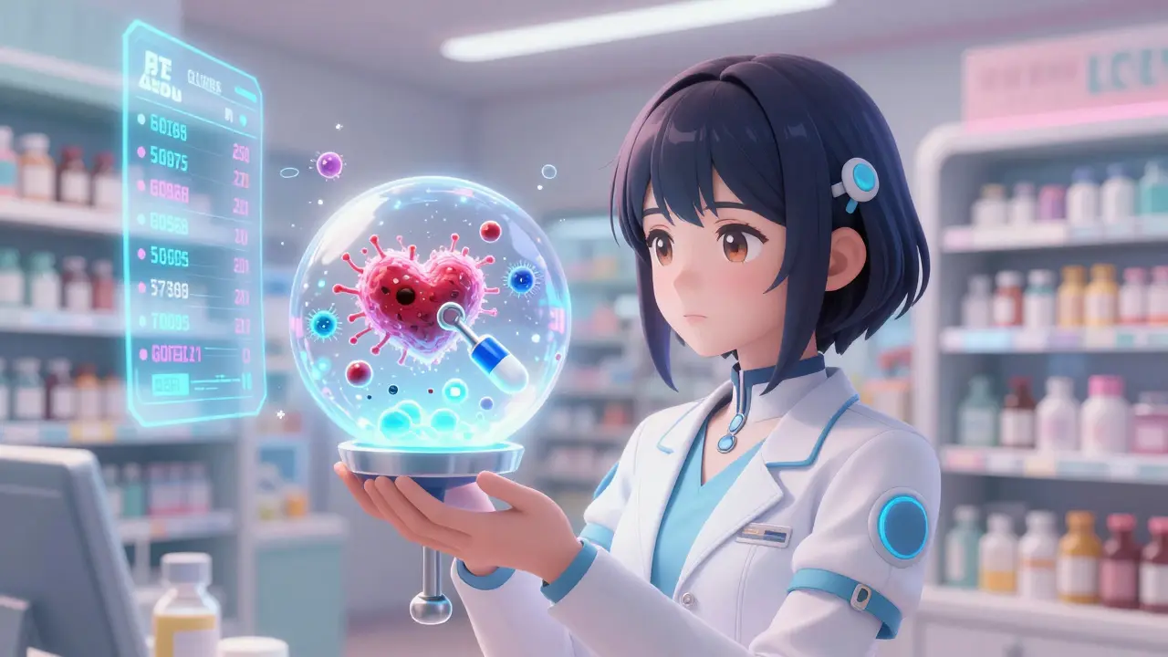 A girl holds a glowing stool sample showing microbial spirits that adjust personalized drug dosages.