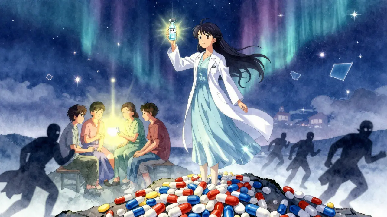 A heroic pharmacist stands atop seized fake pills, healing patients with real medication as criminals flee.