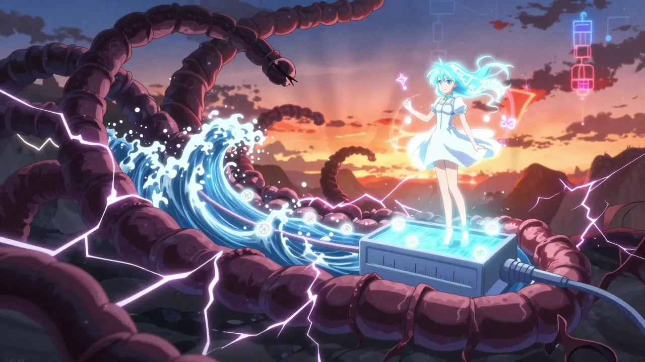 A magical girl battles chaotic esophageal contractions with glowing Chicago Classification symbols.