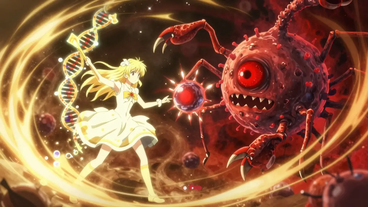 A magical girl blocks a toxic bacterium from transforming chemotherapy drugs into harmful spikes.