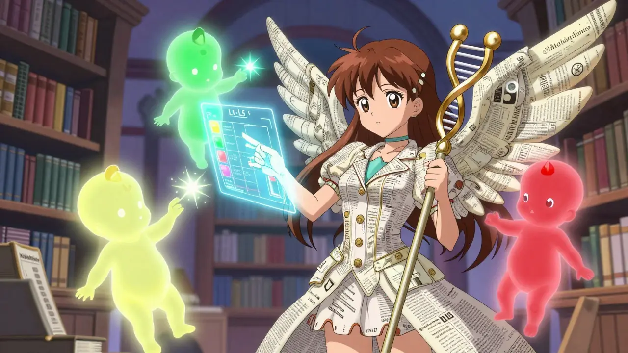 A magical pharmacist displays a safety chart with glowing symbols for medications safe during breastfeeding.